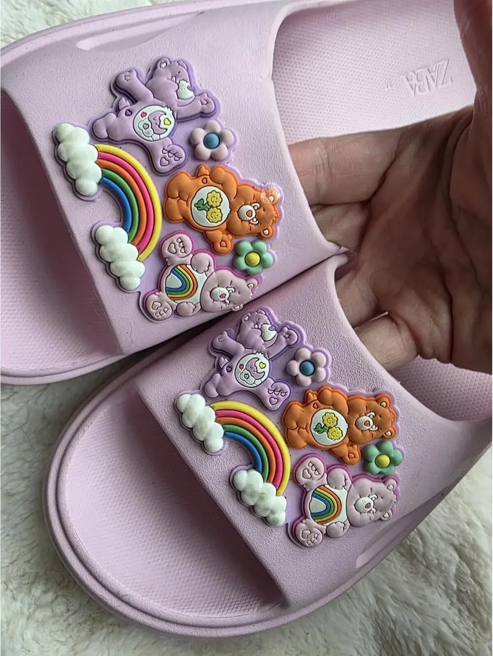 Zara Pink Slide Sandals with Care Bears and Rainbow Design - Picture 2 of 4
